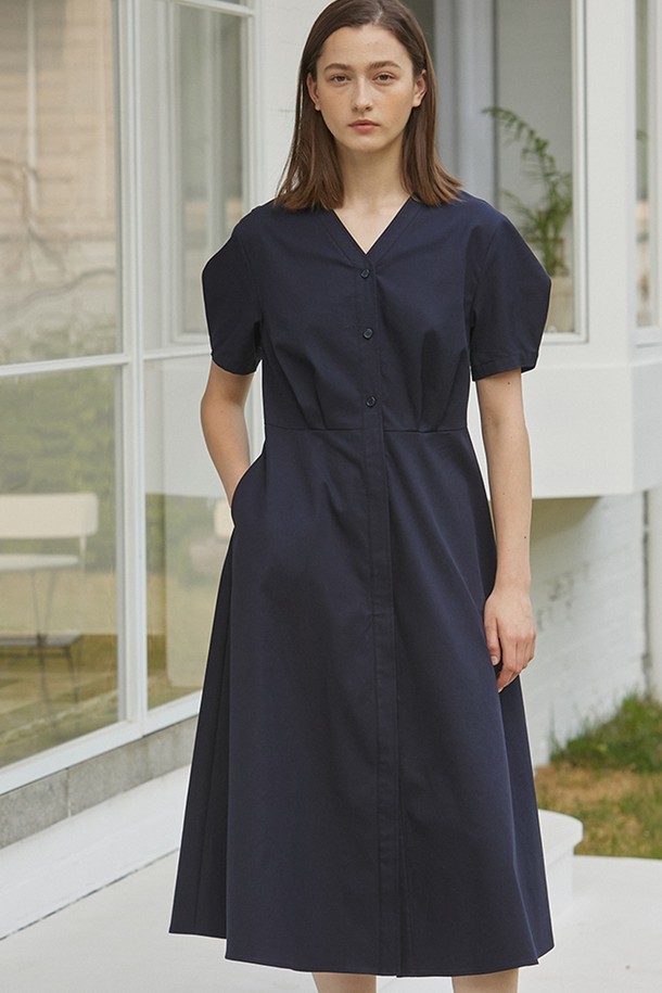 NONLOCAL - 반소매 원피스 - V-neck Half Sleeve Flare Dress 2 Color