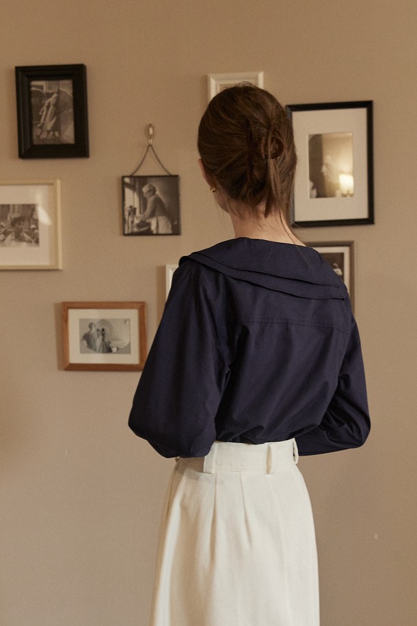 NONLOCAL - 블라우스 - Double collar ribbon blouse - Navy