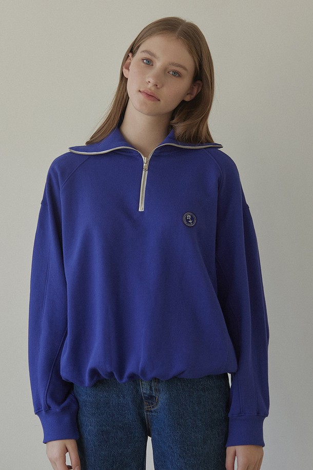 NONLOCAL - 스웻셔츠 - Rose Wappen Rib Block Half Zip-up Sweatshirt - Blue