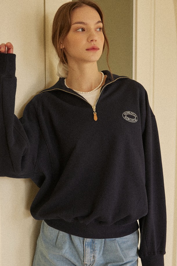 NONLOCAL - 긴소매 티셔츠 - Logo Rib Block Half Zip-up Sweatshirt - Navy