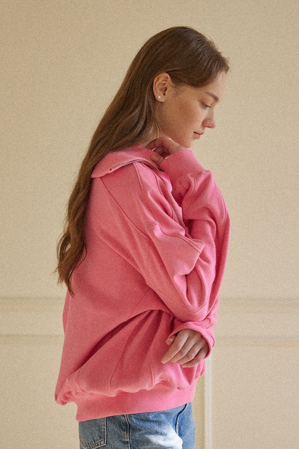 NONLOCAL - 긴소매 티셔츠 - Rose Wappen Rib Block Half Zip-up Sweatshirt - Pink