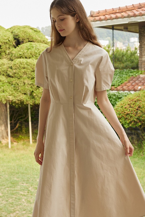 NONLOCAL - 반소매 원피스 - V-neck Half Sleeve Flare Dress 2 Color