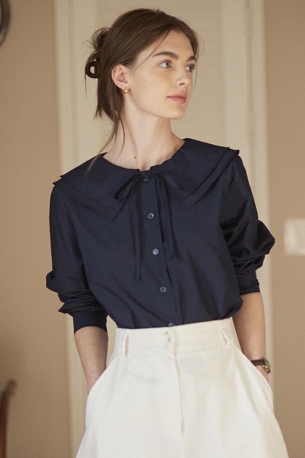 NONLOCAL - 블라우스 - Double collar ribbon blouse - Navy