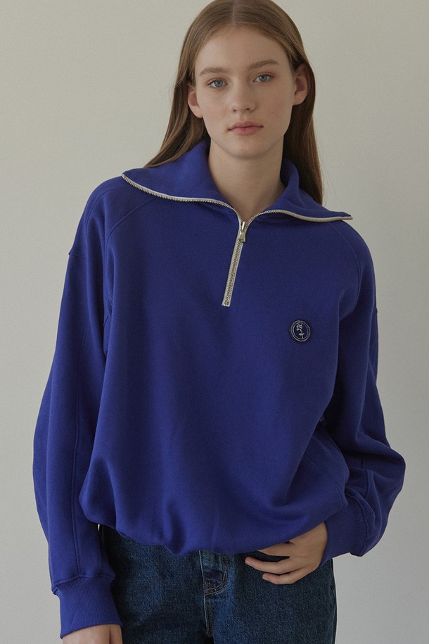 NONLOCAL - 스웻셔츠 - Rose Wappen Rib Block Half Zip-up Sweatshirt - Blue