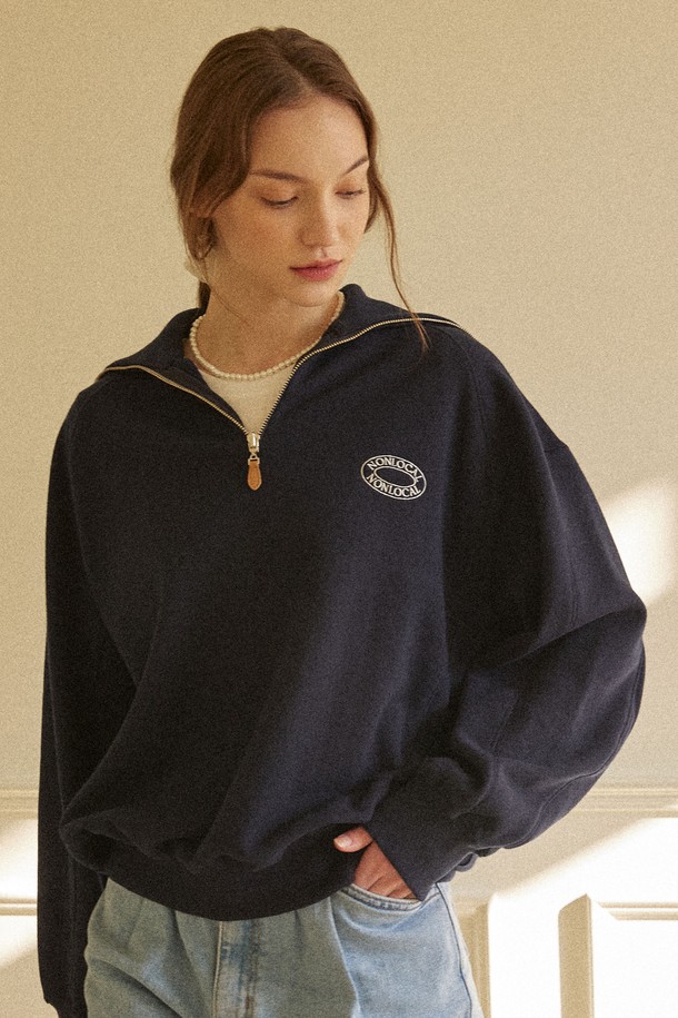 NONLOCAL - 긴소매 티셔츠 - Logo Rib Block Half Zip-up Sweatshirt - Navy