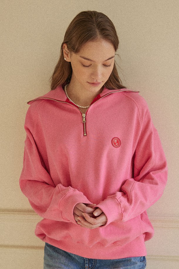 NONLOCAL - 긴소매 티셔츠 - Rose Wappen Rib Block Half Zip-up Sweatshirt - Pink