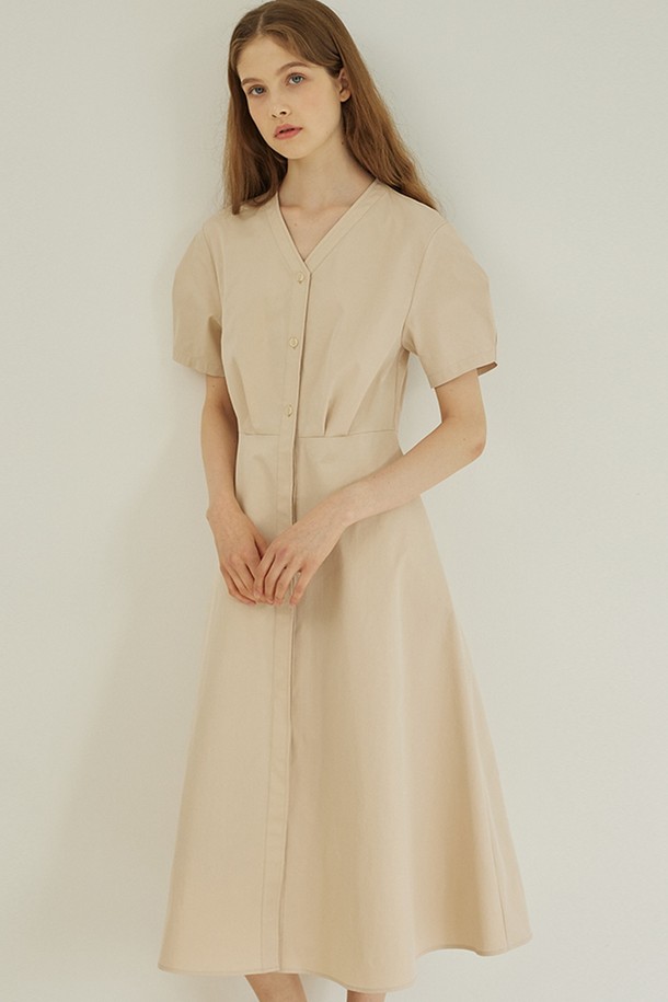 NONLOCAL - 반소매 원피스 - V-neck Half Sleeve Flare Dress 2 Color