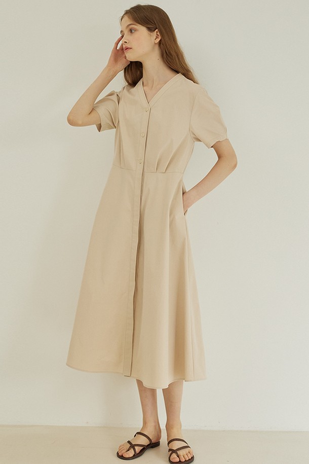 NONLOCAL - 반소매 원피스 - V-neck Half Sleeve Flare Dress 2 Color