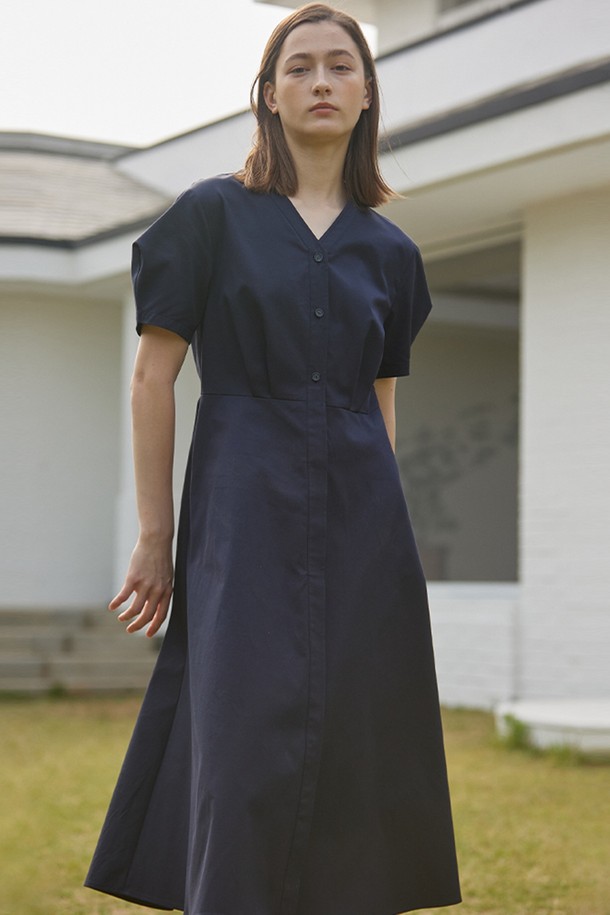 NONLOCAL - 반소매 원피스 - V-neck Half Sleeve Flare Dress 2 Color