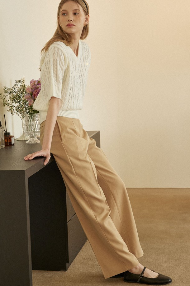 NONLOCAL - 롱/미디팬츠 - High Waist Loose-fit Pants - Beige