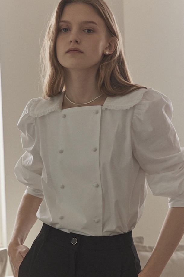 NONLOCAL - 블라우스 - Frill collar double botton blouse - White