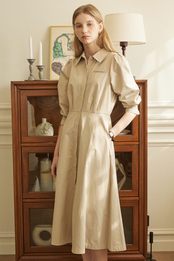 NONLOCAL - 긴소매 원피스 - Puff Sleeve Shirt Dress - Beige