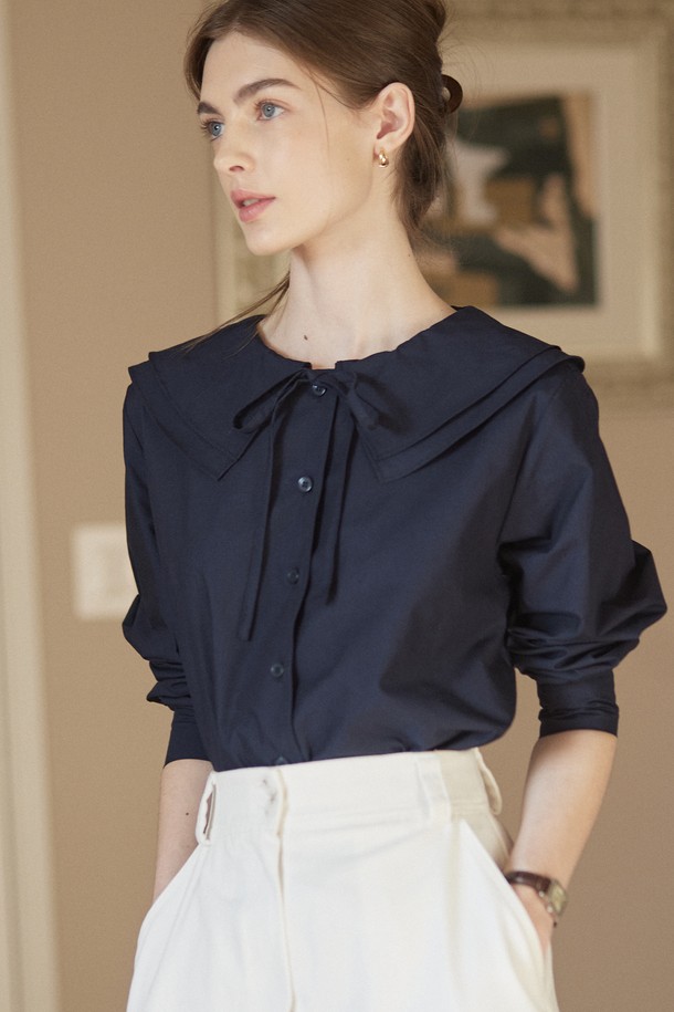 NONLOCAL - 블라우스 - Double collar ribbon blouse - Navy