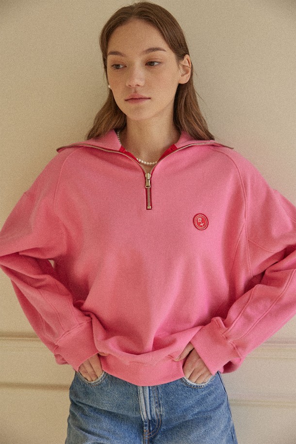 NONLOCAL - 긴소매 티셔츠 - Rose Wappen Rib Block Half Zip-up Sweatshirt - Pink