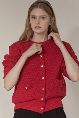 Tweed Goldish Knit Cardigan - Red