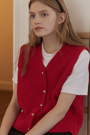 Tweed Goldish Knit Vest - Red