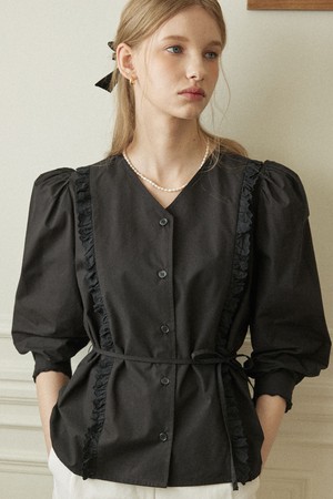 V-neck Ruffle Lace Blouse - Black