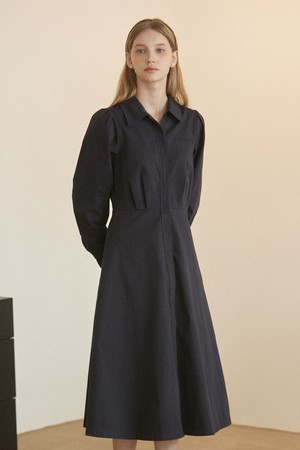 Puff Sleeve Shirt Dress - Navy