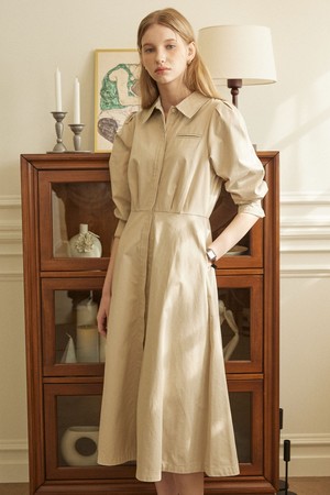 Puff Sleeve Shirt Dress - Beige