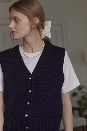 Tweed Goldish Knit Vest - Navy