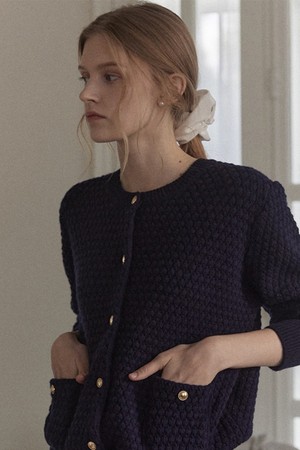 Tweed Goldish Knit Cardigan - Navy