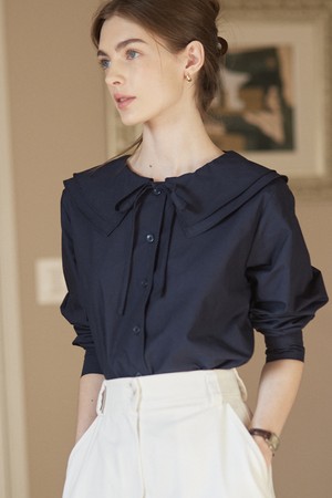 Double collar ribbon blouse - Navy