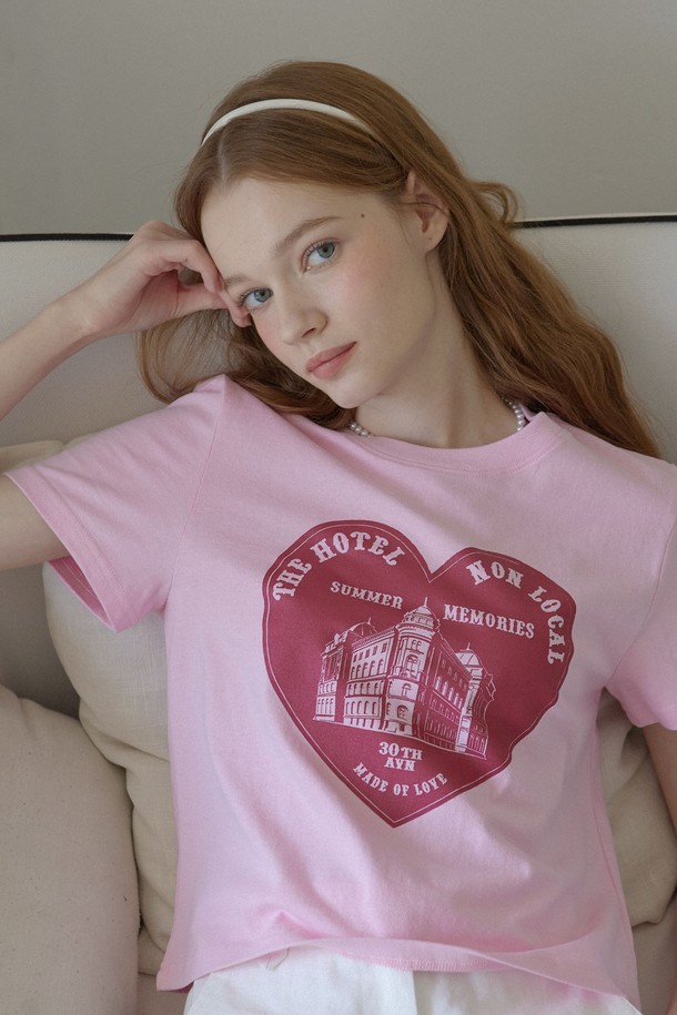 NONLOCAL - 반소매 티셔츠 - Heart Silhouette T-shirt - Pink