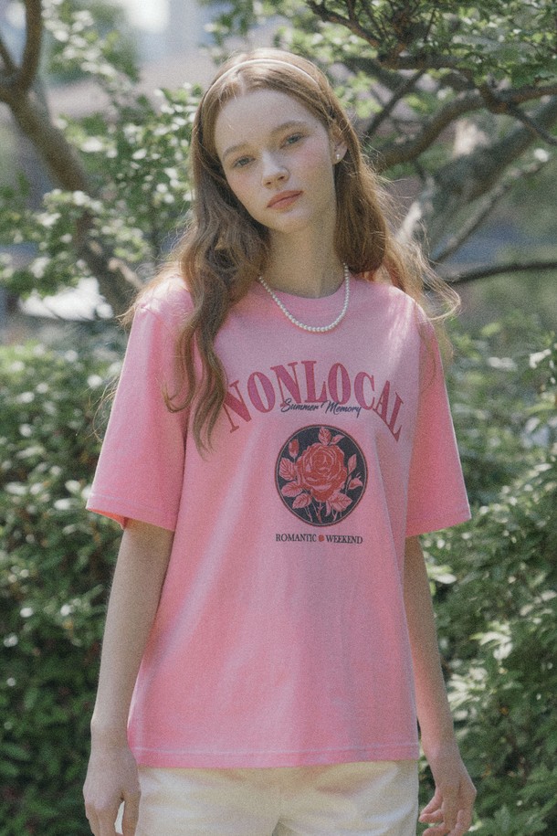 NONLOCAL - 반소매 티셔츠 - Vintage Rose T-shirt - Pink