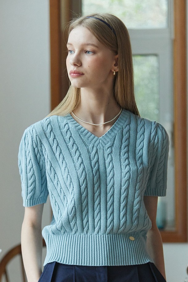 NONLOCAL - 스웨터 - Linen V-neck Cable knit - Sky Blue