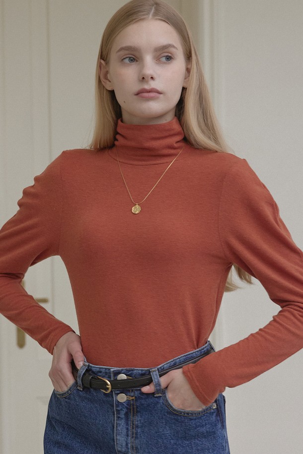 NONLOCAL - 긴소매 티셔츠 - Wool Tencel Volume Sleeve Turtleneck - Orange