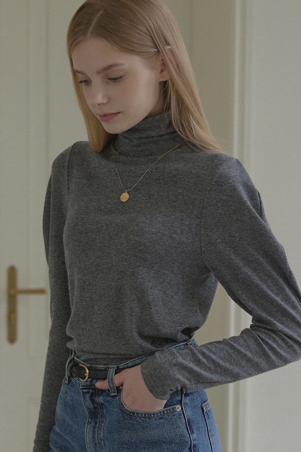 NONLOCAL - 긴소매 티셔츠 - Wool Tencel Volume Sleeve Turtleneck - Charcoal