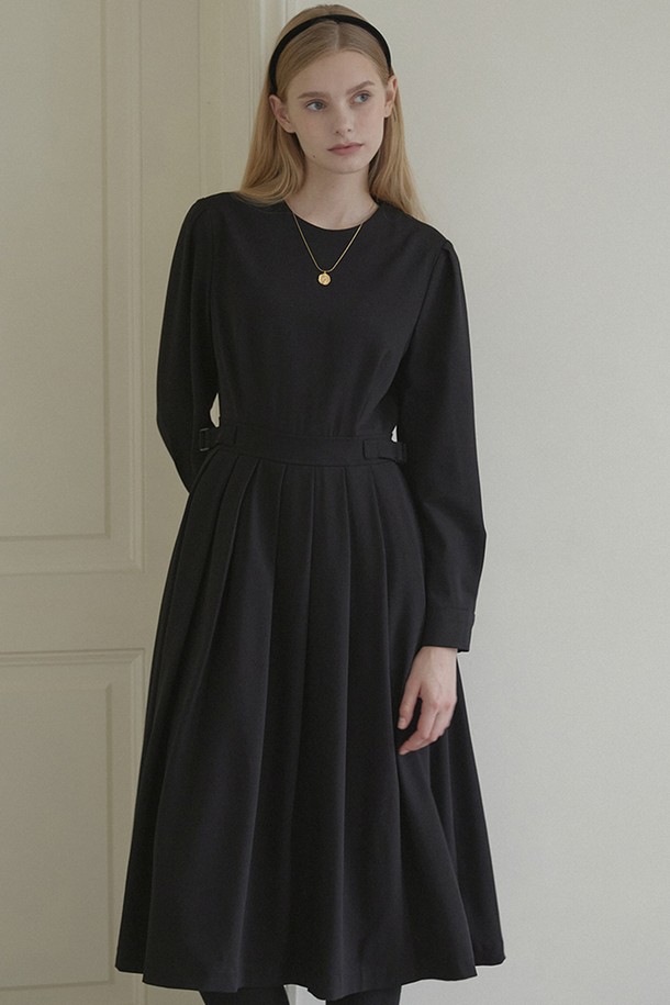 NONLOCAL - 긴소매 원피스 - Round Belted Pleats Dress - Black