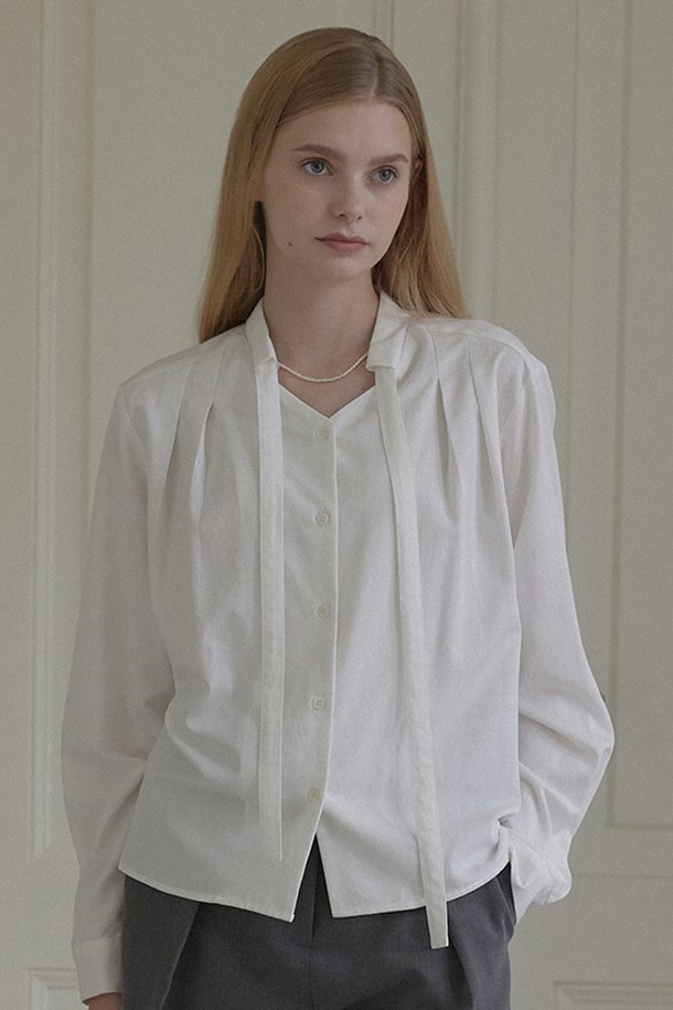 NONLOCAL - 블라우스 - Bow Tie Pintuck Blouse - Ivory