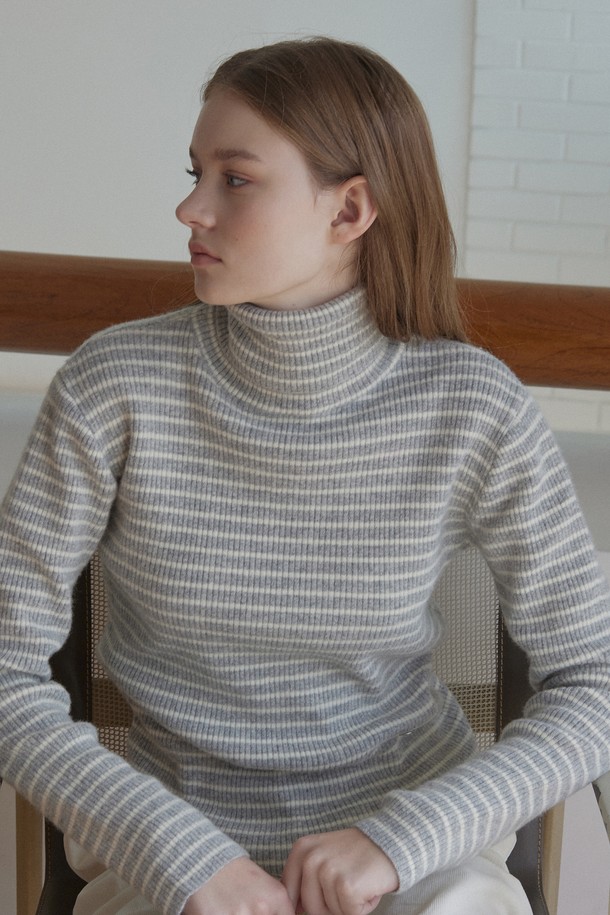 NONLOCAL - 스웨터 - Cashmere Stripe Turtleneck Knit - Grey