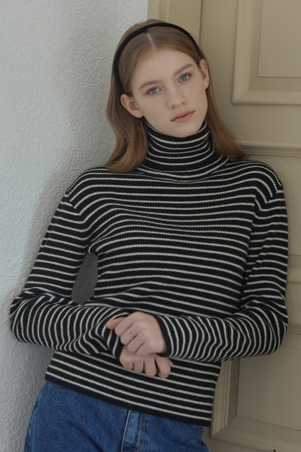 NONLOCAL - 스웨터 - Cashmere Stripe Turtleneck Knit - Black