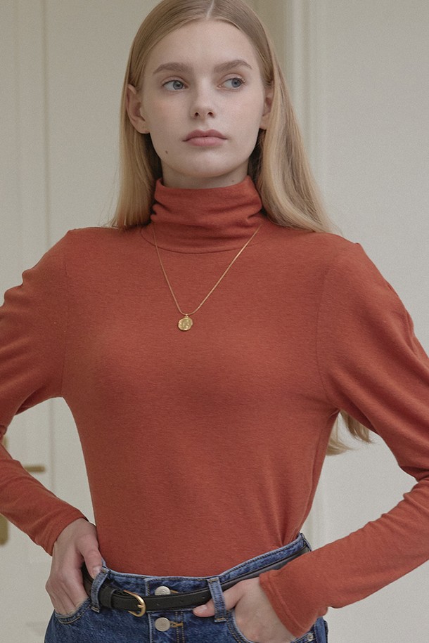 NONLOCAL - 긴소매 티셔츠 - Wool Tencel Volume Sleeve Turtleneck - Orange