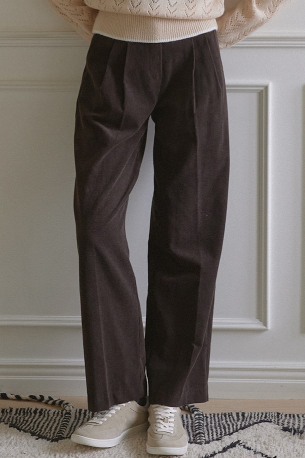 NONLOCAL - 롱/미디팬츠 - Daily Two Tuck Corduroy Pants - Brown