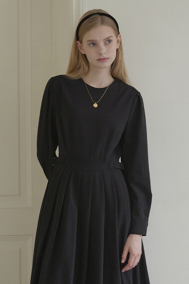 NONLOCAL - 긴소매 원피스 - Round Belted Pleats Dress - Black