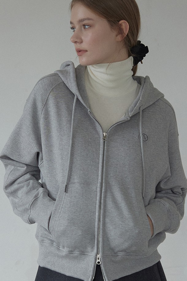 NONLOCAL - 긴팔티셔츠 / 후디 - Emblem Logo Hood Zip-Up - Melange Grey