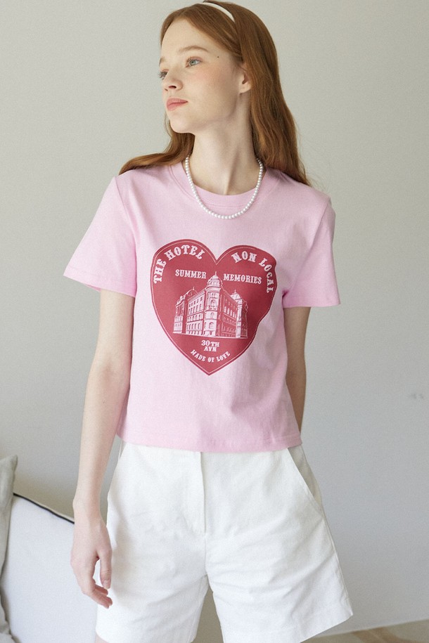 NONLOCAL - 반소매 티셔츠 - Heart Silhouette T-shirt - Pink