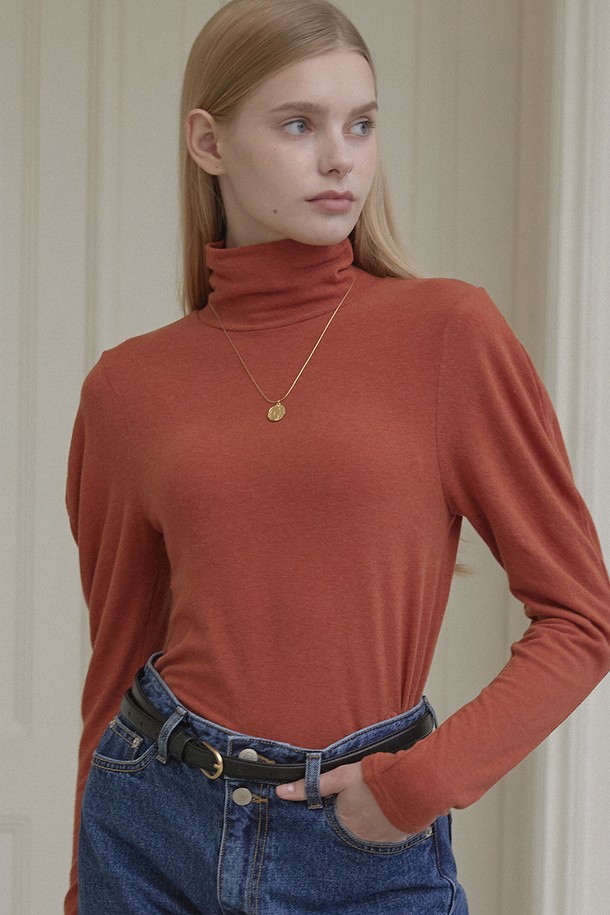 NONLOCAL - 긴소매 티셔츠 - Wool Tencel Volume Sleeve Turtleneck - Orange