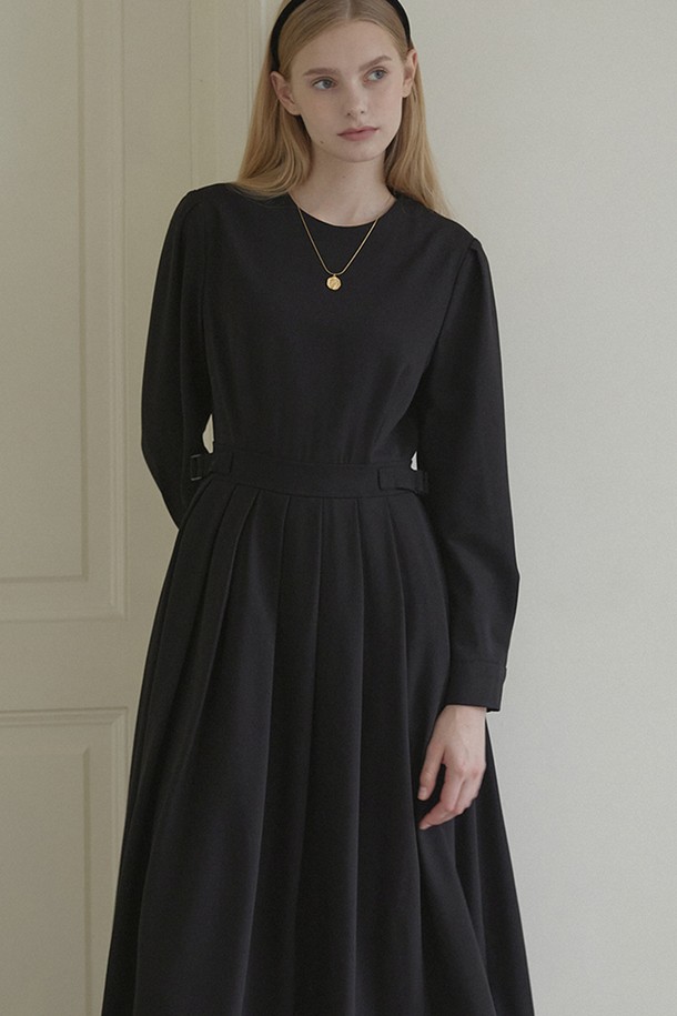 NONLOCAL - 긴소매 원피스 - Round Belted Pleats Dress - Black