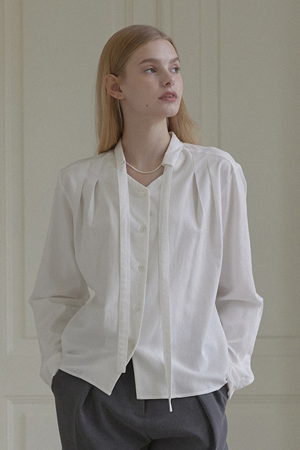 NONLOCAL - 블라우스 - Bow Tie Pintuck Blouse - Ivory