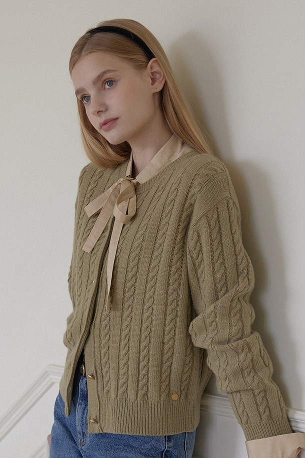 NONLOCAL - 가디건 - Wool Cable Knit Cardigan - Olive Green