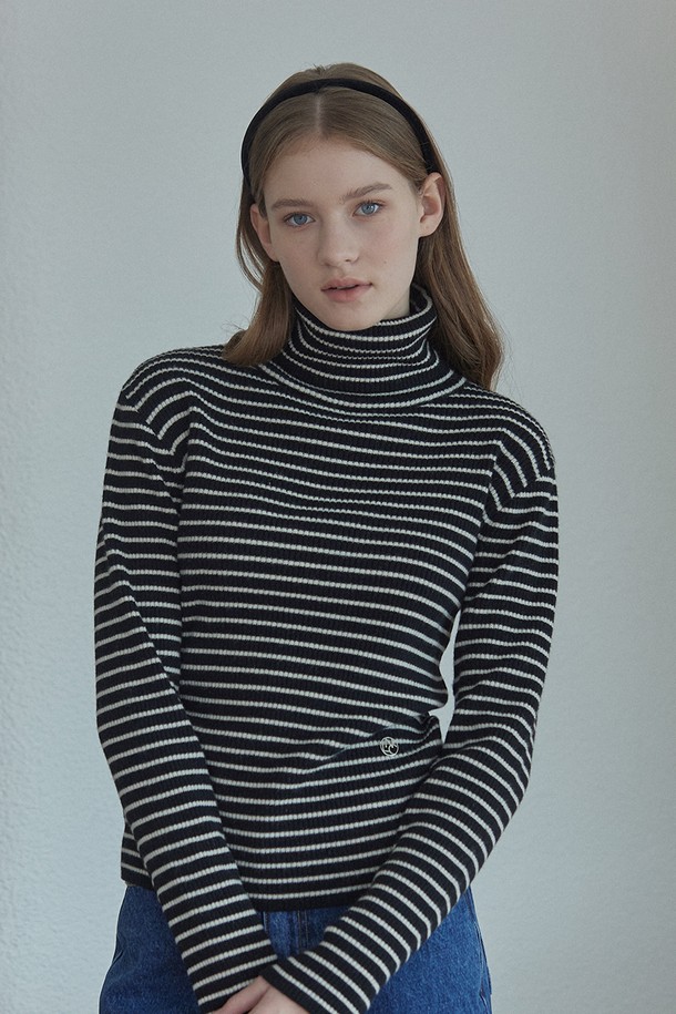 NONLOCAL - 스웨터 - Cashmere Stripe Turtleneck Knit - Black