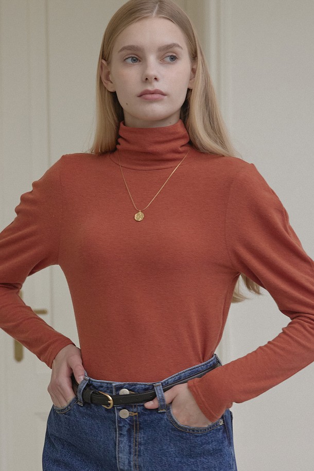 NONLOCAL - 긴소매 티셔츠 - Wool Tencel Volume Sleeve Turtleneck - Orange