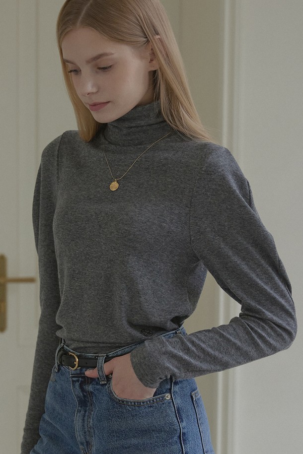 NONLOCAL - 긴소매 티셔츠 - Wool Tencel Volume Sleeve Turtleneck - Charcoal