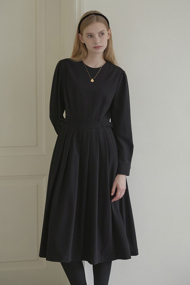 NONLOCAL - 긴소매 원피스 - Round Belted Pleats Dress - Black