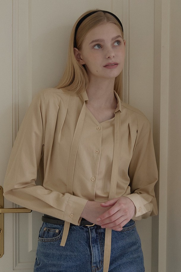 NONLOCAL - 블라우스 - Bow Tie Pintuck Blouse - Beige