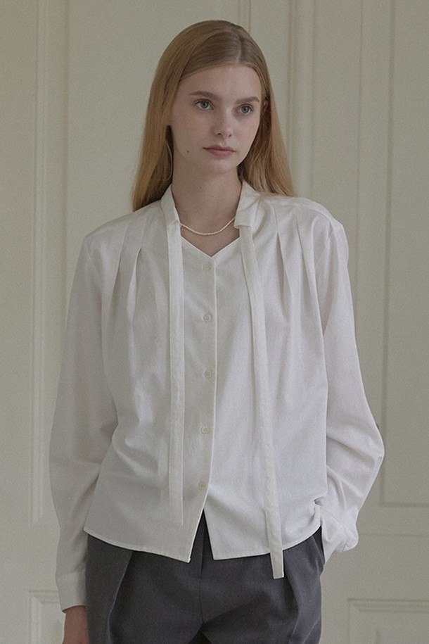 NONLOCAL - 블라우스 - Bow Tie Pintuck Blouse - Ivory